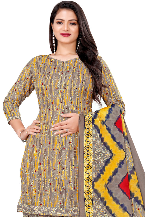 Grey & Yellow Cotton Blend Printed Unstitched Salwar Suit Material