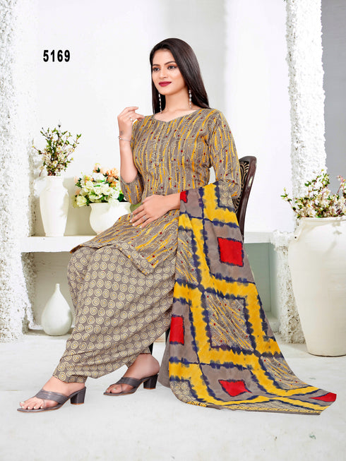 Grey & Yellow Cotton Blend Printed Unstitched Salwar Suit Material