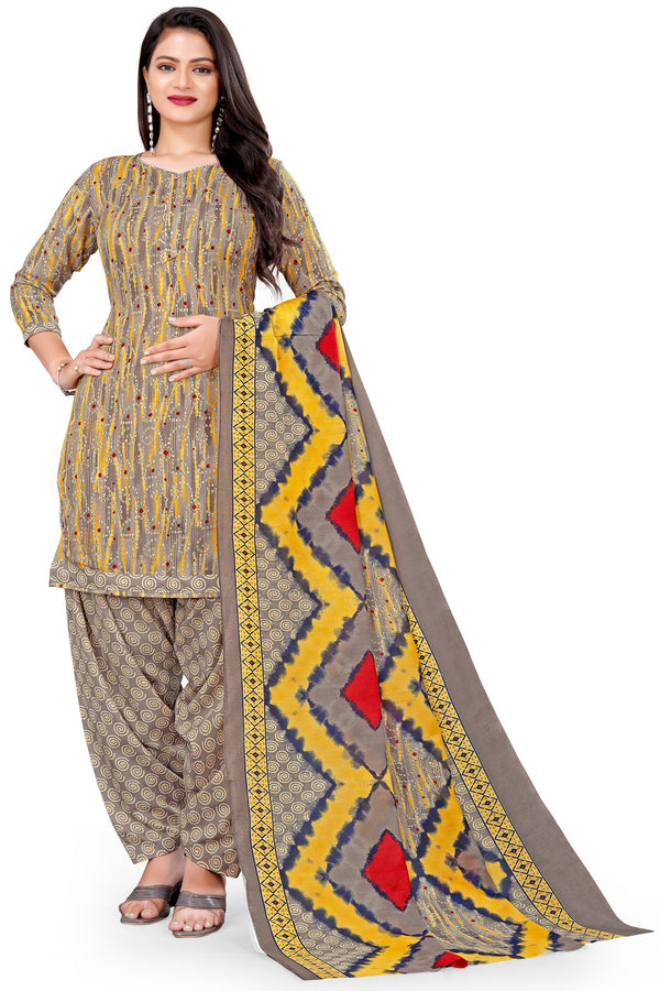 Grey & Yellow Cotton Blend Printed Unstitched Salwar Suit Material