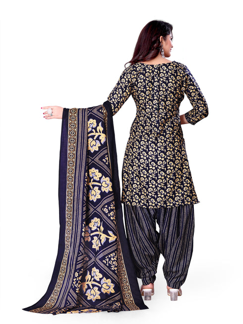 Navy Blue & Beige Cotton Blend Printed Unstitched Salwar Suit Material
