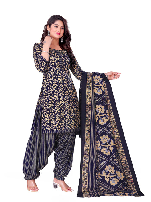 Navy Blue & Beige Cotton Blend Printed Unstitched Salwar Suit Material