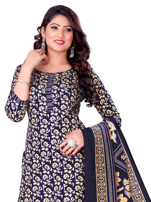 Navy Blue & Beige Cotton Blend Printed Unstitched Salwar Suit Material