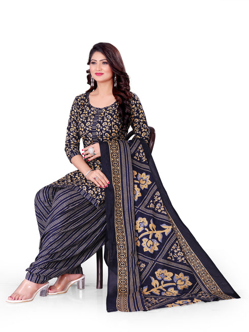 Navy Blue & Beige Cotton Blend Printed Unstitched Salwar Suit Material