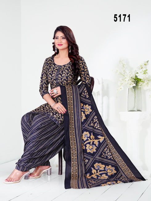 Navy Blue & Beige Cotton Blend Printed Unstitched Salwar Suit Material