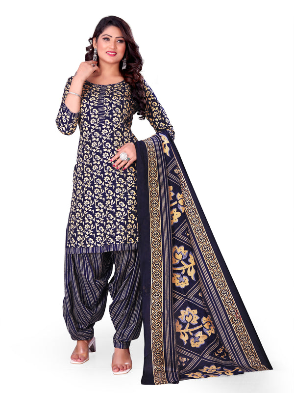Navy Blue & Beige Cotton Blend Printed Unstitched Salwar Suit Material