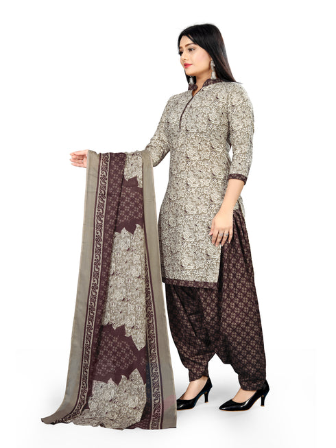 Grey Cotton Blend Printed Unstitched Salwar Suit Material