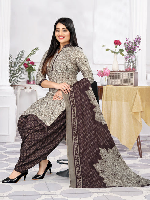 Grey Cotton Blend Printed Unstitched Salwar Suit Material