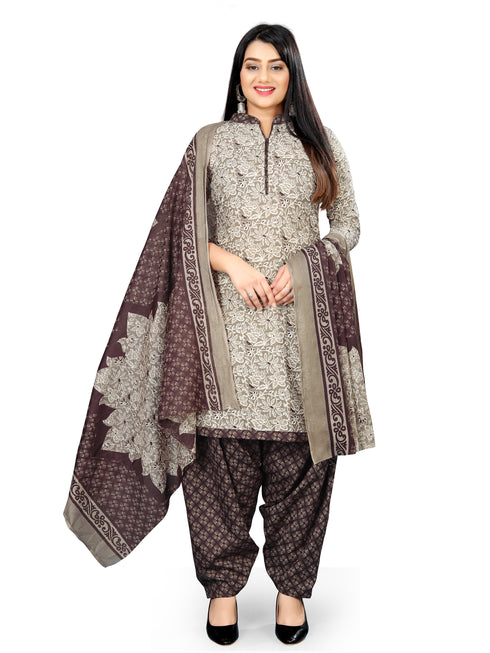 Grey Cotton Blend Printed Unstitched Salwar Suit Material