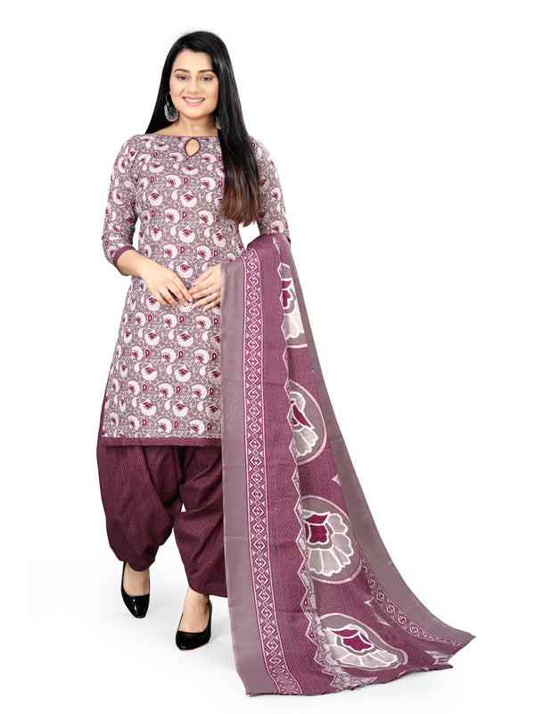 Mauve Cotton Blend Printed Unstitched Salwar Suit Material