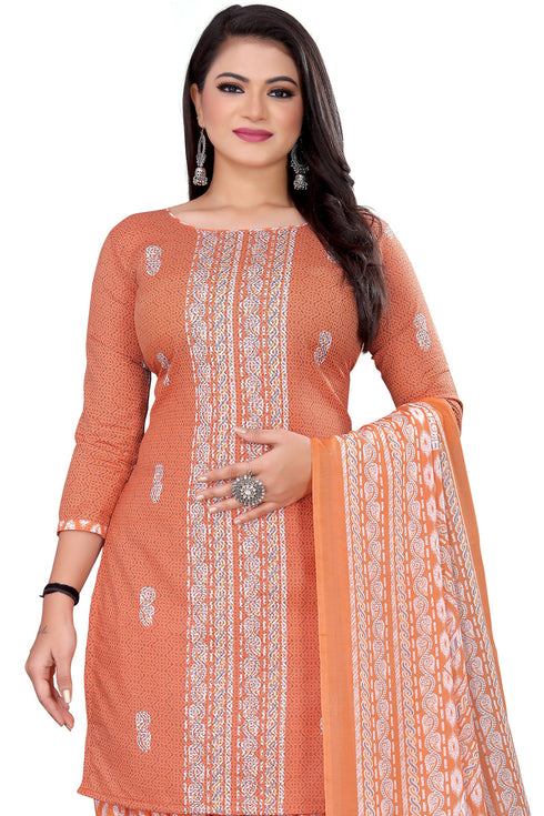 Light Orange Cotton Blend Printed Unstitched Salwar Suit Material