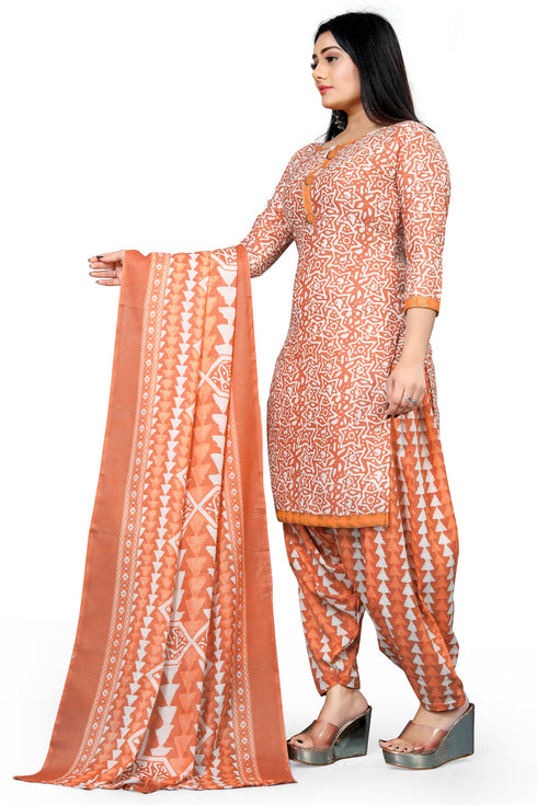 Light Orange & White Cotton Blend Printed Unstitched Salwar Suit Material