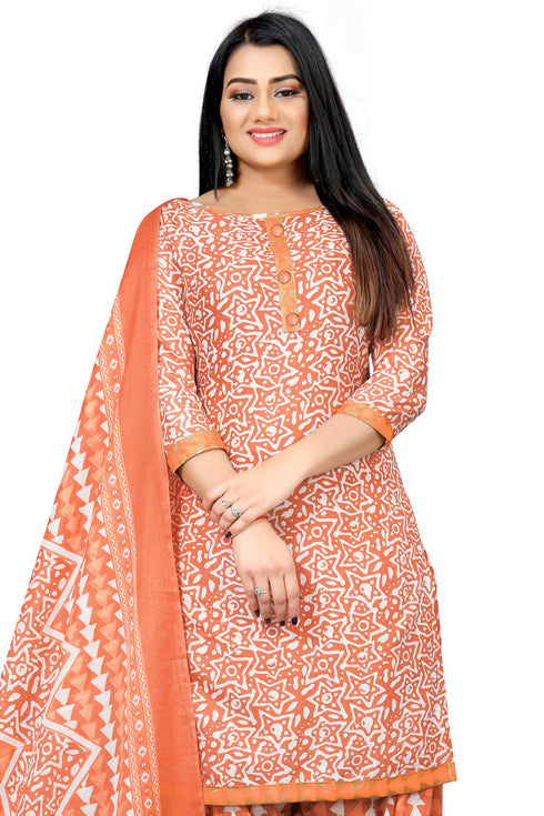 Light Orange & White Cotton Blend Printed Unstitched Salwar Suit Material