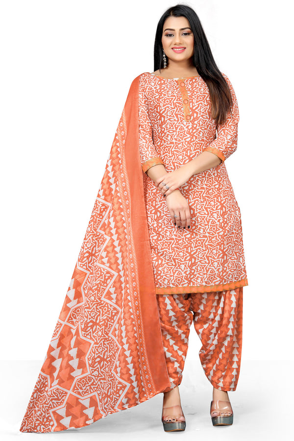 Light Orange & White Cotton Blend Printed Unstitched Salwar Suit Material