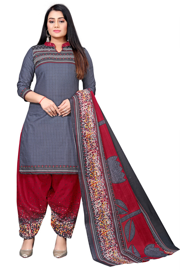 Grey Cotton Blend Printed Unstitched Salwar Suit Material