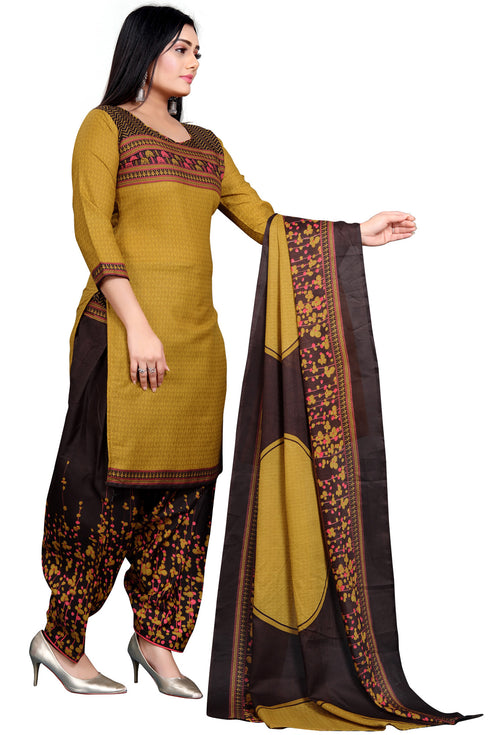Mustard & Brown Cotton Blend Printed Unstitched Salwar Suit Material