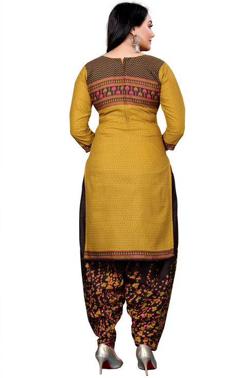 Mustard & Brown Cotton Blend Printed Unstitched Salwar Suit Material