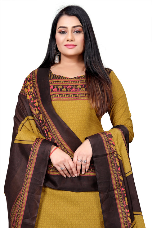 Mustard & Brown Cotton Blend Printed Unstitched Salwar Suit Material