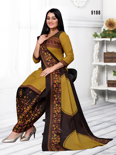 Mustard & Brown Cotton Blend Printed Unstitched Salwar Suit Material