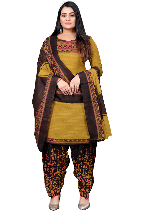 Mustard & Brown Cotton Blend Printed Unstitched Salwar Suit Material
