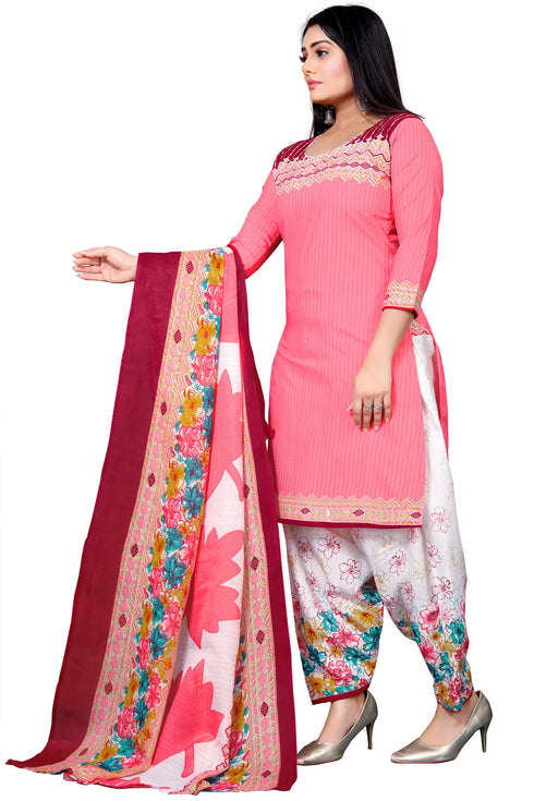 Baby Pink Cotton Blend Printed Unstitched Salwar Suit Material