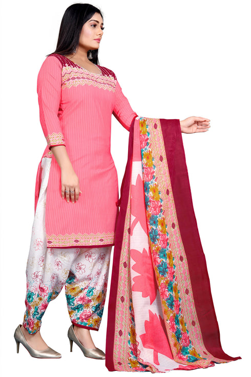 Baby Pink Cotton Blend Printed Unstitched Salwar Suit Material