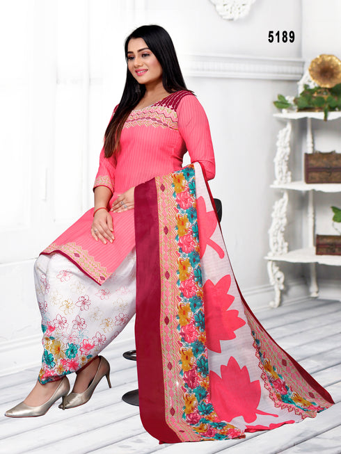 Baby Pink Cotton Blend Printed Unstitched Salwar Suit Material