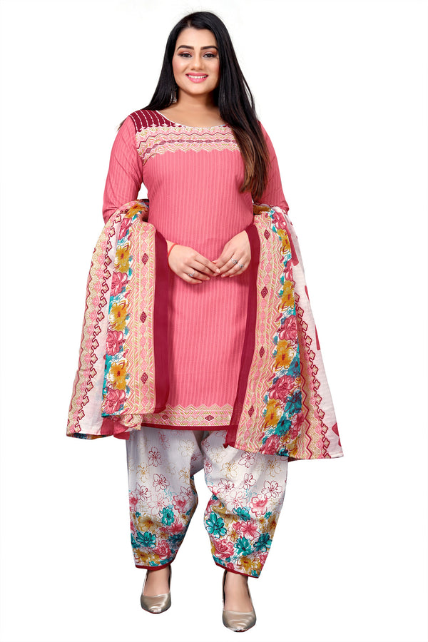 Baby Pink Cotton Blend Printed Unstitched Salwar Suit Material