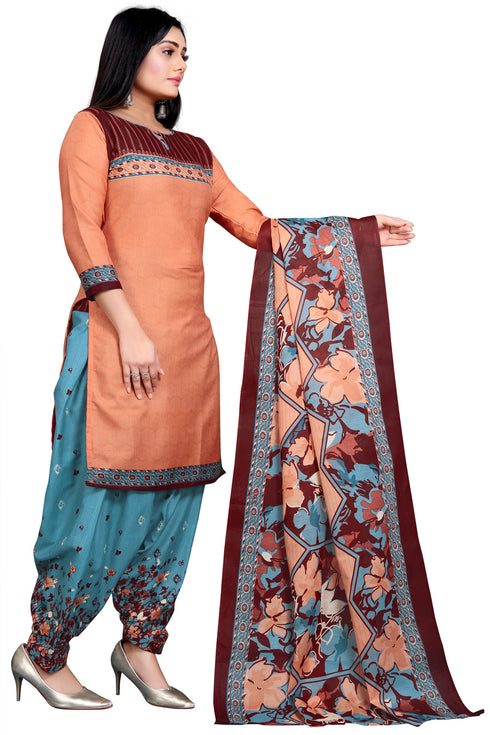 Orange Cotton Blend Printed Unstitched Salwar Suit Material