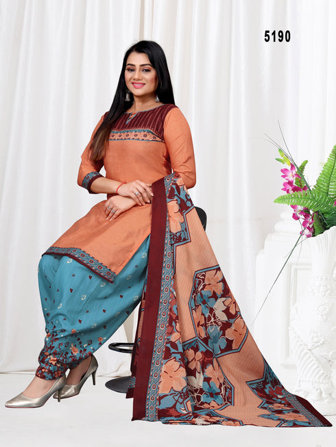 Orange Cotton Blend Printed Unstitched Salwar Suit Material