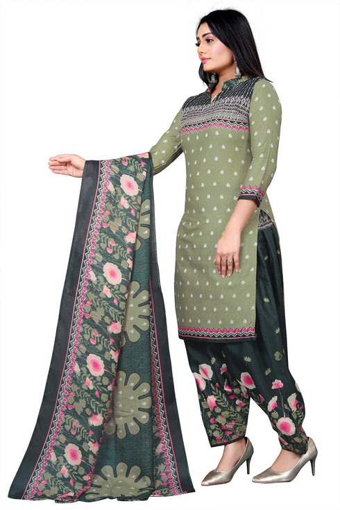 Olive Green Cotton Blend Printed Unstitched Salwar Suit Material