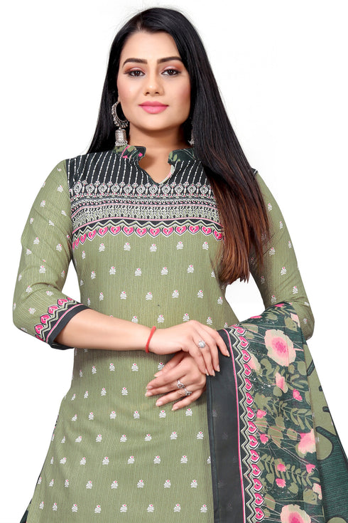 Olive Green Cotton Blend Printed Unstitched Salwar Suit Material