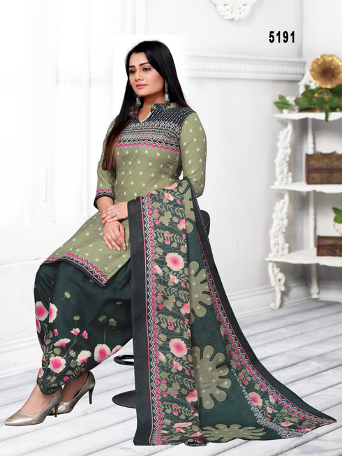 Olive Green Cotton Blend Printed Unstitched Salwar Suit Material
