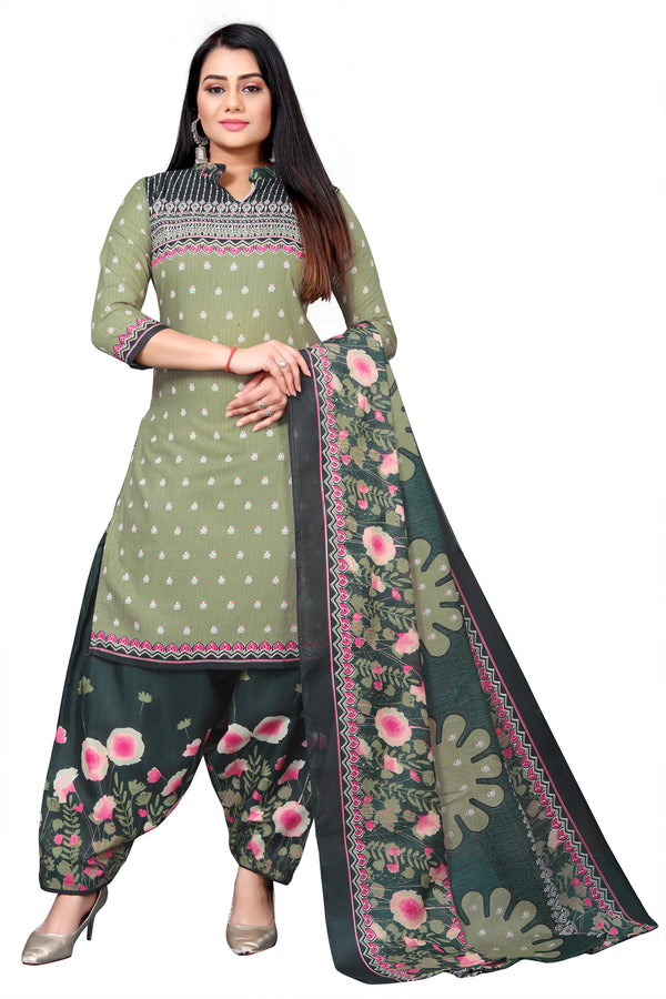 Olive Green Cotton Blend Printed Unstitched Salwar Suit Material