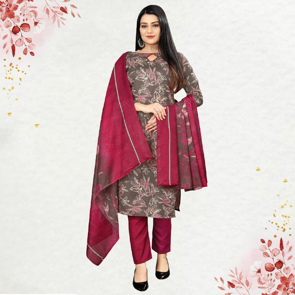Brown Cotton Blend Printed Unstitched Salwar Suit Material