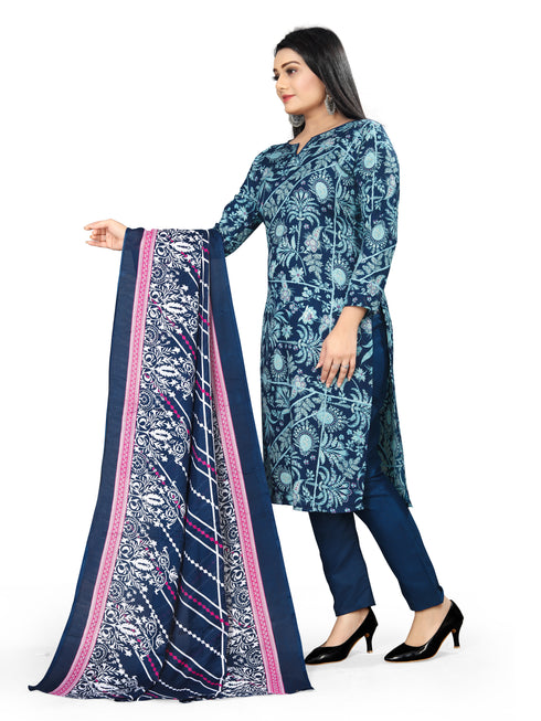 Navy Blue Cotton Blend Printed Unstitched Salwar Suit Material