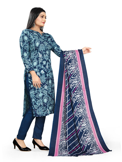 Navy Blue Cotton Blend Printed Unstitched Salwar Suit Material