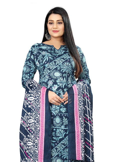 Navy Blue Cotton Blend Printed Unstitched Salwar Suit Material