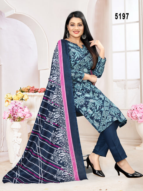 Navy Blue Cotton Blend Printed Unstitched Salwar Suit Material