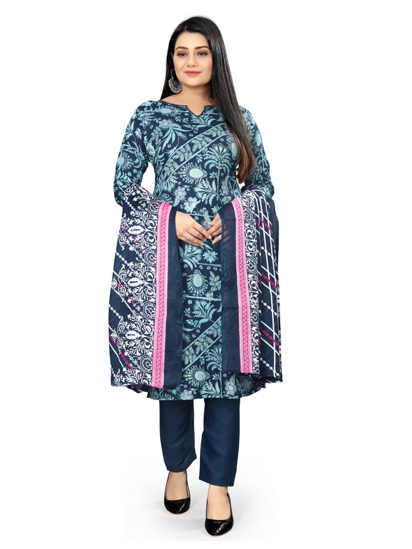 Navy Blue Cotton Blend Printed Unstitched Salwar Suit Material