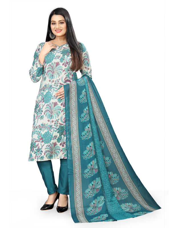 Off White & Teal Cotton Blend Printed Unstitched Salwar Suit Material
