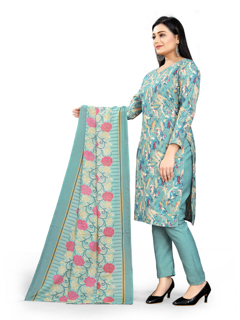 Turquoise Cotton Blend Printed Unstitched Salwar Suit Material