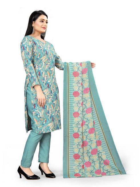Turquoise Cotton Blend Printed Unstitched Salwar Suit Material