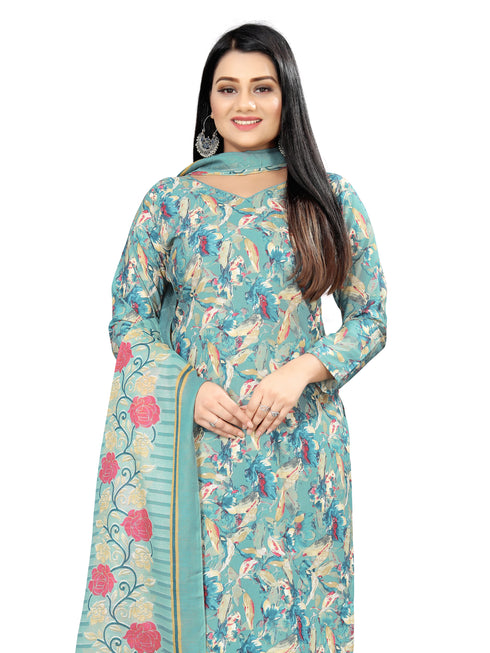 Turquoise Cotton Blend Printed Unstitched Salwar Suit Material