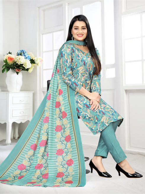 Turquoise Cotton Blend Printed Unstitched Salwar Suit Material