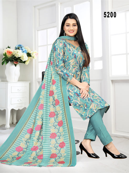 Turquoise Cotton Blend Printed Unstitched Salwar Suit Material