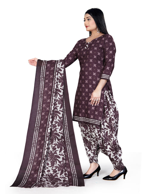 Wine Cotton Blend Printed Unstitched Salwar Suit Material