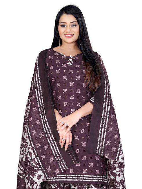 Wine Cotton Blend Printed Unstitched Salwar Suit Material