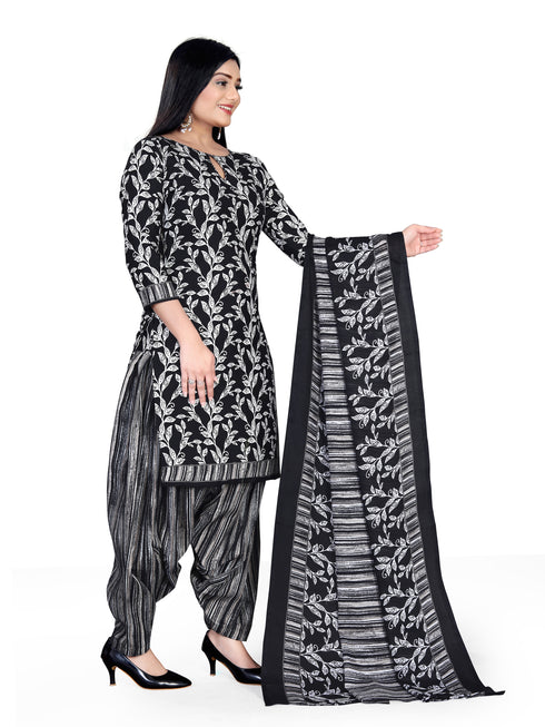 Black & White Cotton Blend Printed Unstitched Salwar Suit Material