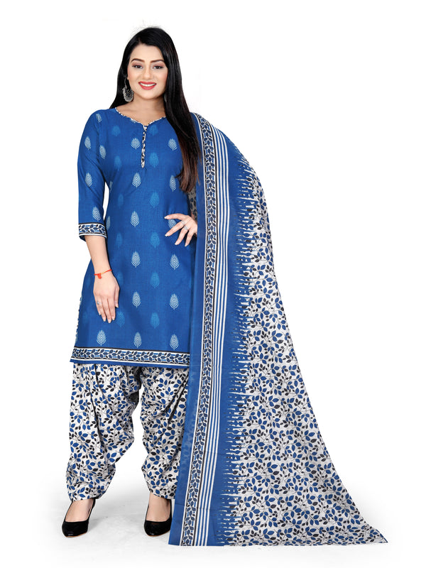Blue Cotton Blend Printed Unstitched Salwar Suit Material