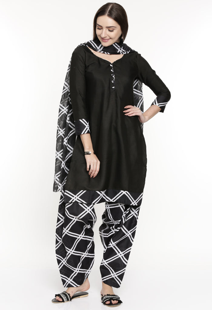 Black Polyester Cotton Printed Salwar Suit with Dupatta